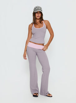 front view of model wearing Princess Polly Kobee Jersey Flare Pants Slate / Dusty Pink Mid Rise Pants 