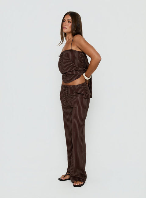 Crafted from Amibella Mid Rise Wide Leg Pants Brown / Cream Stripe womens-regular-pants mid-rise side view of model wearing