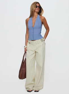 front view of model wearing Princess Polly Serefina Halter Top Blue Slate Sleeveless Plunger 