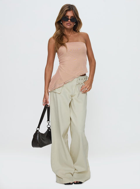 front view of model wearing Princess Polly Paxon Asymmetrical Top Beige Sleeveless straight 