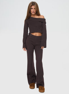 back view of model wearing Princess Polly Sina Off The Shoulder Top Chocolate Tall Full Sleeves Asymmetric Neckline 