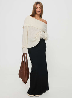 side view of model wearing Princess Polly Parkley Boucle Off The Shoulder Sweater Cream Long 