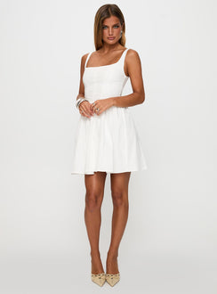 side view of model wearing Princess Polly Martie Mini Dress White Scoop Neck 