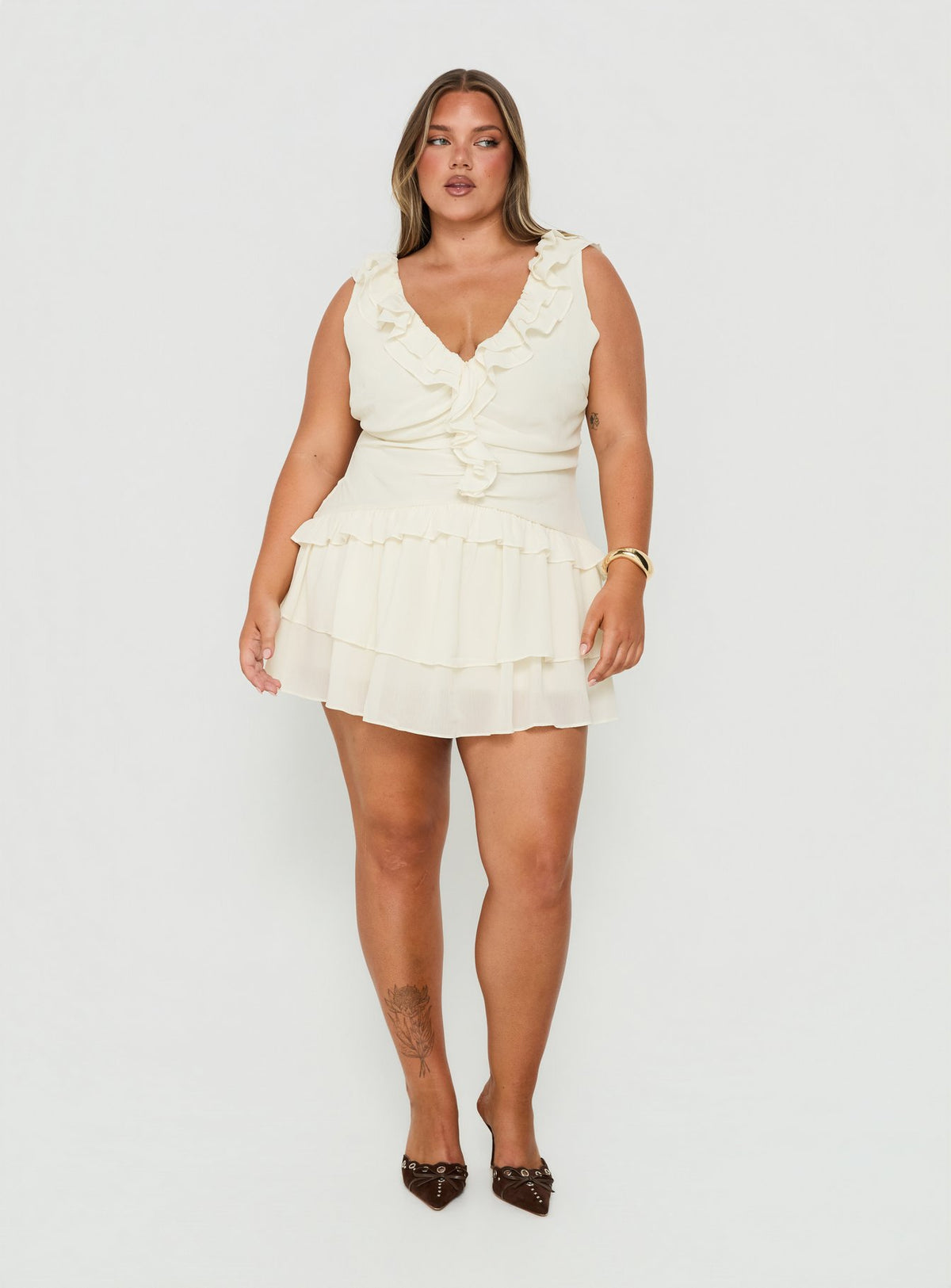 Fawnia Frill Ruched Mini Dress Cream Curve