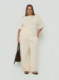 Showcasing Calisse Knit Wide Leg Pants Beige Curve womens-regular-pants with high-rise front view of model wearing