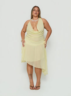 Explore the Evaleine Asymmetrical Chiffon Midi Skirt Baby Yellow Curve womens-skirts in midi length detail Princess Polly