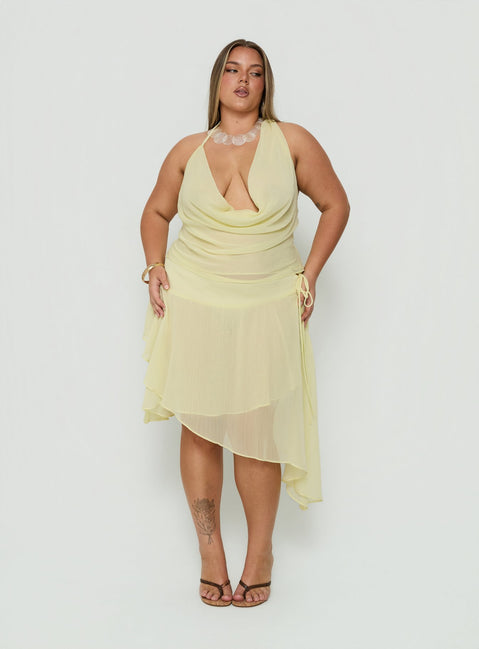 Explore the Evaleine Asymmetrical Chiffon Midi Skirt Baby Yellow Curve womens-skirts in midi length detail Princess Polly