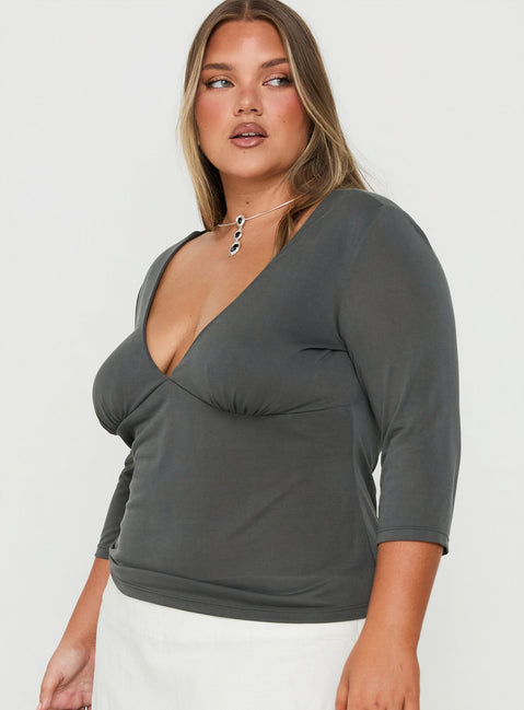 Back To Friends V Neck 3/4 Sleeve Top Grey Curve