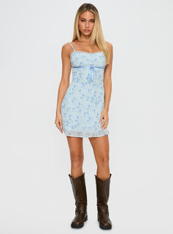 front view of model wearing Princess Polly Valencia Mini Dress Blue / Floral Scoop Neck 