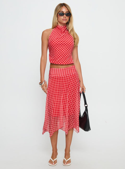 back view of model wearing Princess Polly Scenic Route Asymmetrical Midi Skirt Red Check Midi Skirts 