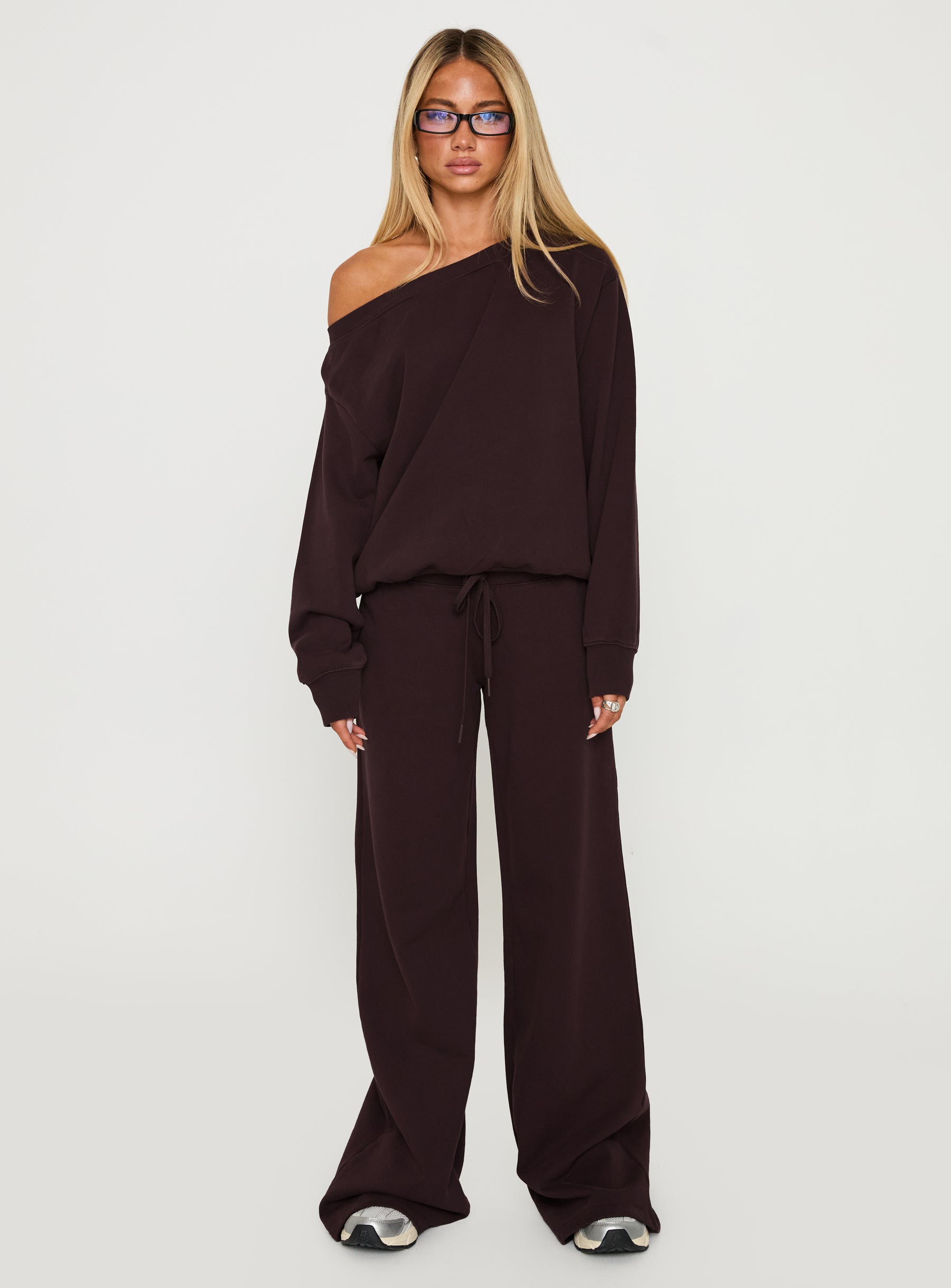 back view of model wearing Princess Polly Wellness Off The Shoulder Jumper Brown Cropped Jumpers 