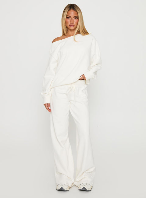 front view of model wearing Princess Polly Wellness Off The Shoulder Jumper Washed White 