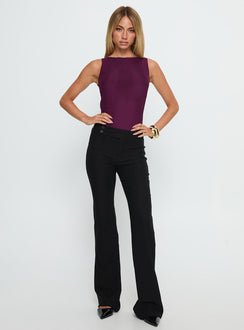 front view of model wearing Princess Polly Vinessa Backless Bodysuit Plum Sleeveless 