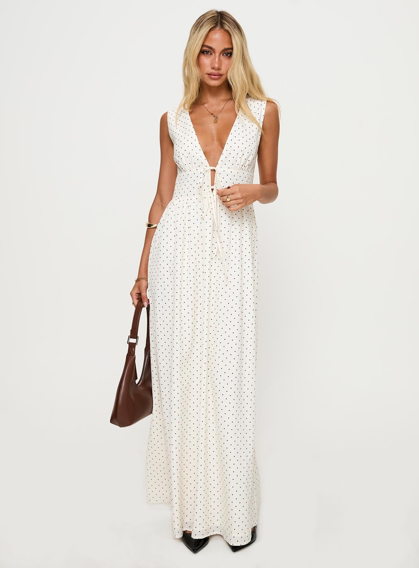 front view of model wearing Princess Polly Pokey Maxi Dress Cream / Polka Dot Plunger 