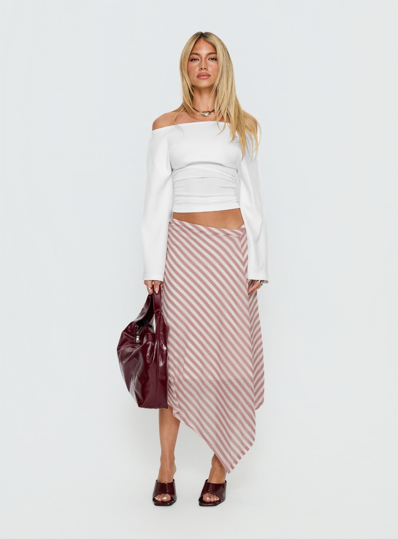   front view of model wearing Princess Polly Gwenora Asymmetrical Midi Skirt Pink Stripe Midi Skirts 