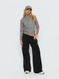 side view of model wearing Princess Polly Caysey Zip Through Knit Sweater Grey cropped 