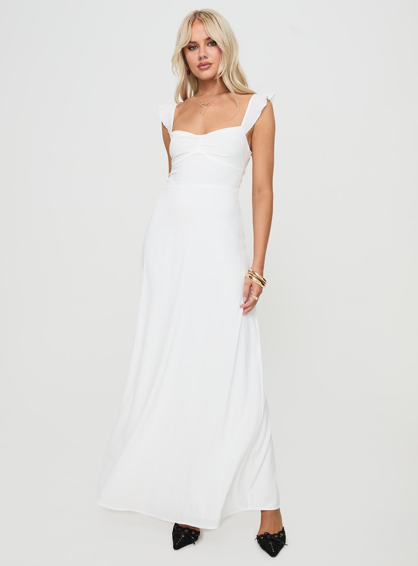 back view of model wearing Princess Polly Landon Maxi Dress White Sweetheart Neckline 