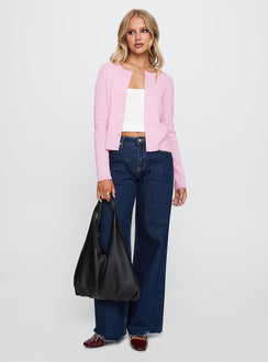 back view of model wearing Princess Polly Old Burlington Knit Cardigan Pink Cropped 