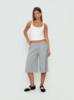Crafted from comfortable fabric, the Nikko Longline Fleece Shorts Grey Marle in womens regular pants with mid-rise on-body view of model wearing Princess Polly