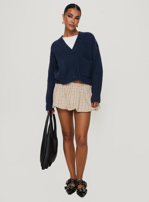 back view of model wearing Princess Polly Osias Cable Knit Cardigan Navy Cropped Jumpers 