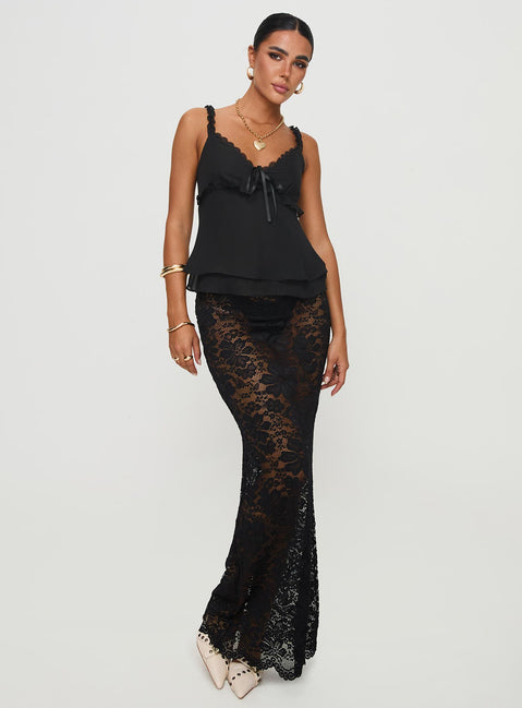 back view of model wearing Princess Polly Taini Top Black Sleeveless V-Neck 