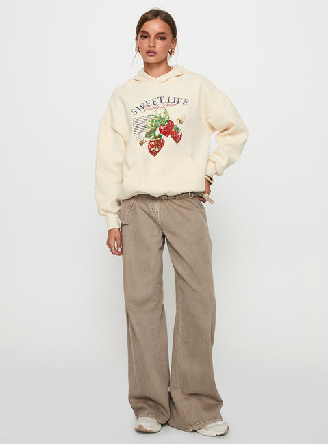 front view of model wearing Princess Polly Sweet Life Graphic Sweater Cream Long 