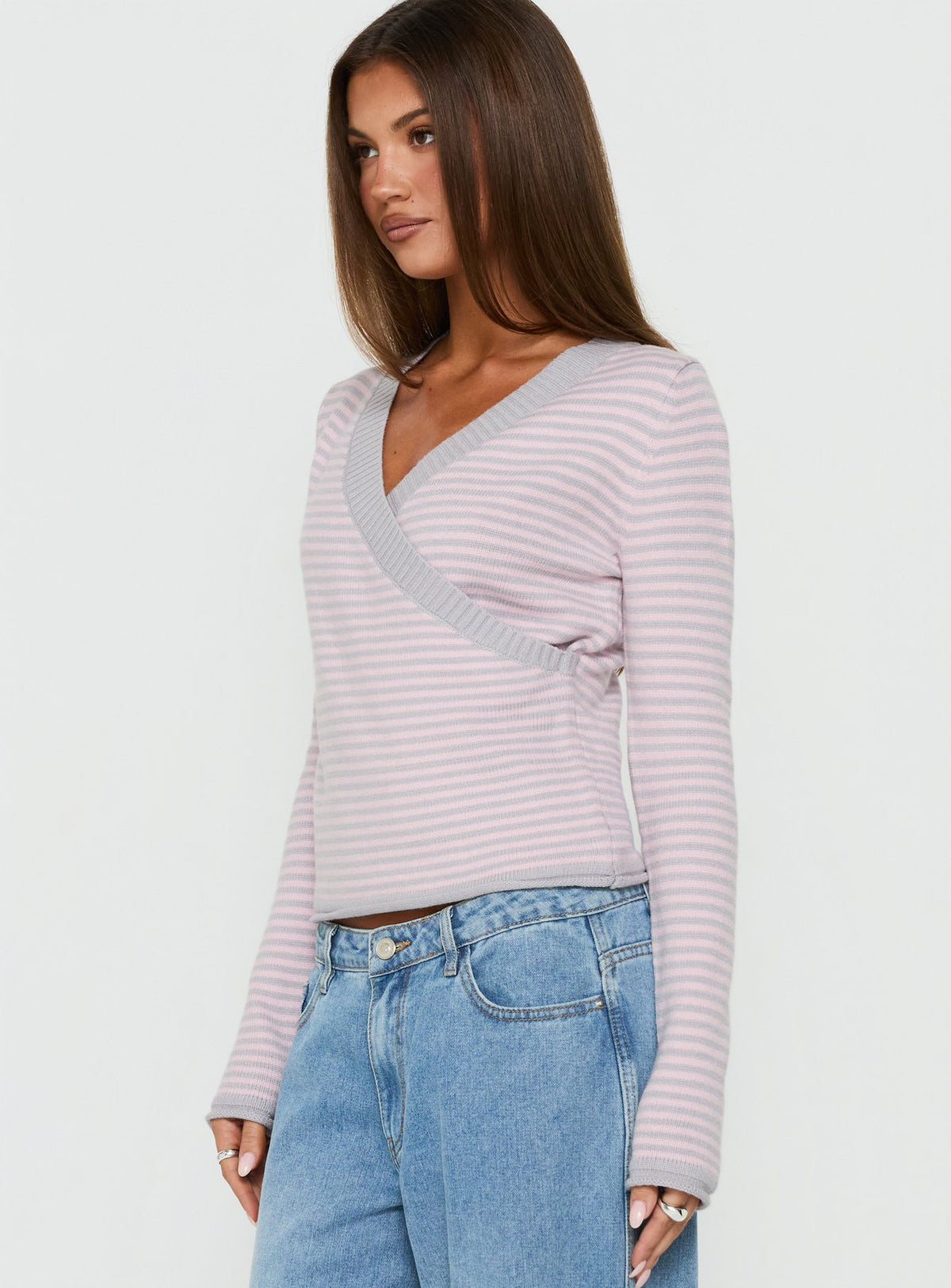 Lulieta Wrap Detail Knit Sweater Pink / Grey Stripe