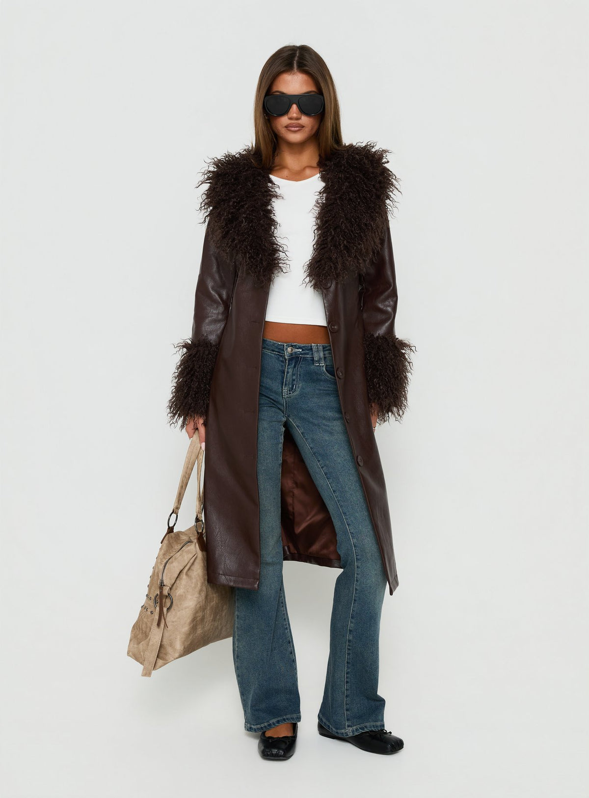 Adeliah Faux Fur Longline Jacket Brown