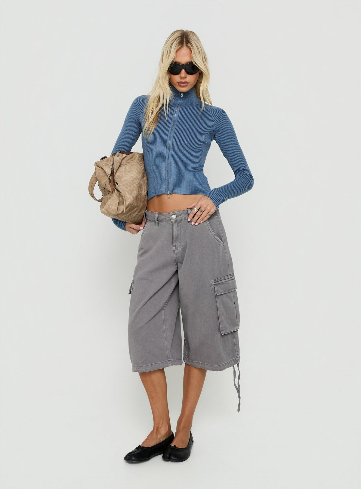 Kovah Zip Through Funnel Neck Knit Sweater Blue