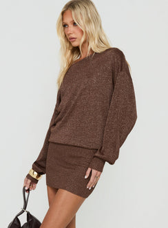Johannah Off Shoulder Long Sleeve Knit Mini Dress Brown