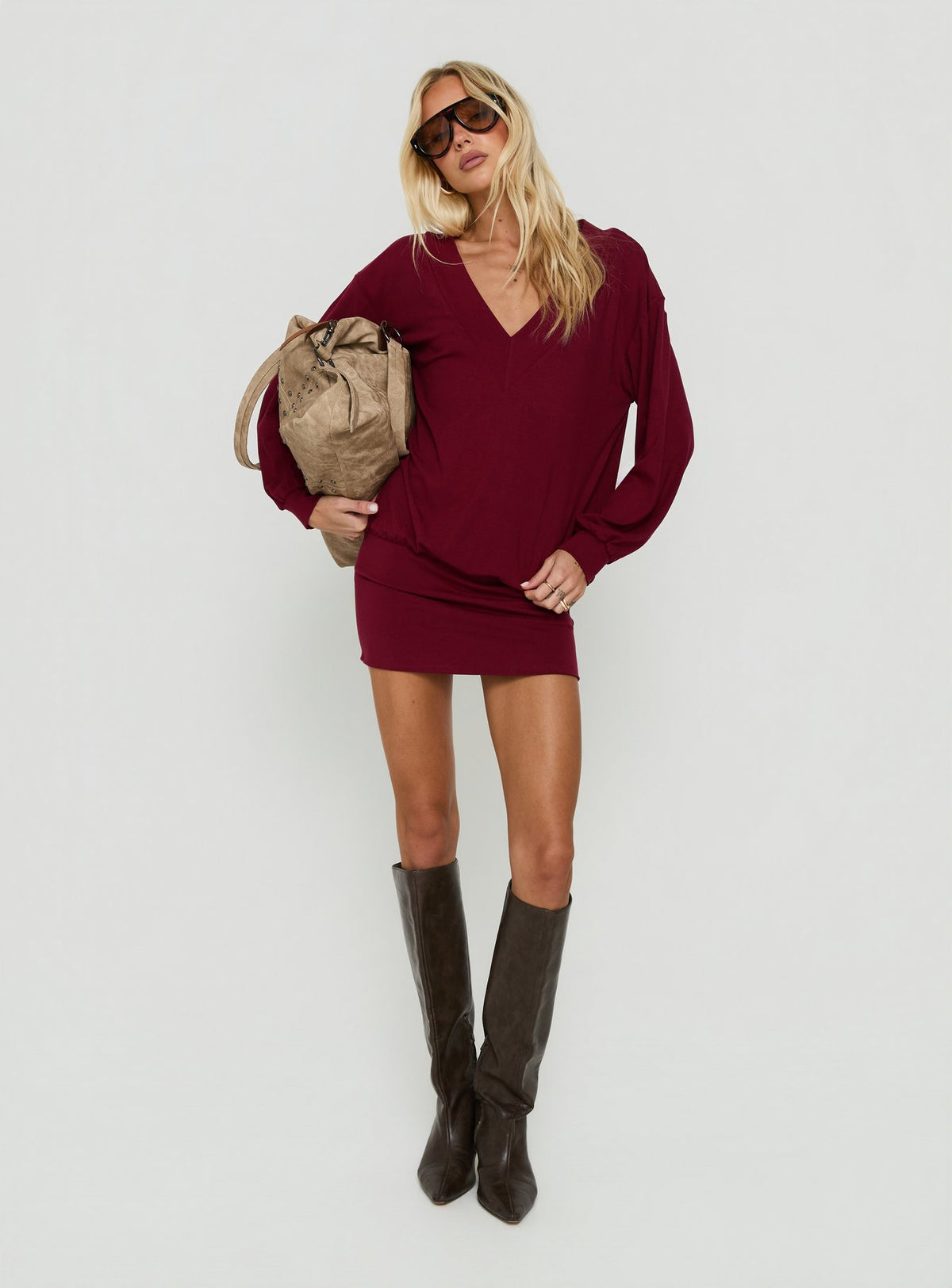 Solena Blouson V Neck Knit Mini Dress Burgundy