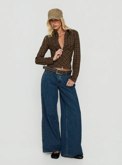 Kinori Long Sleeve Zip Down Top Brown Check