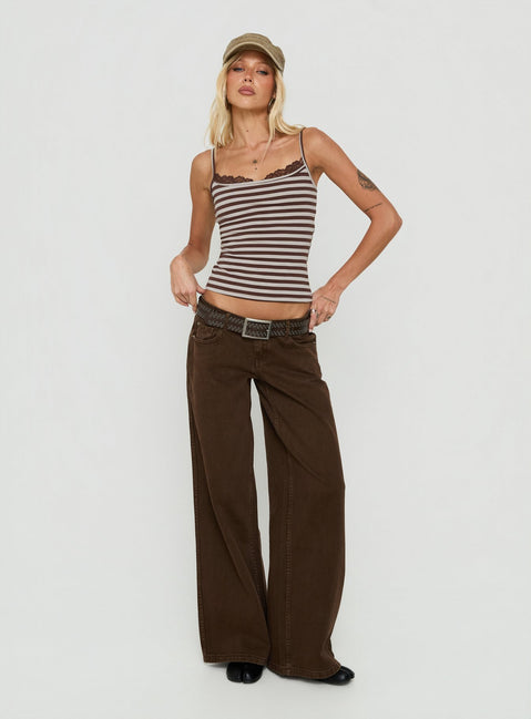 Spring To Summer Lace Trim Top Grey / Brown Stripe