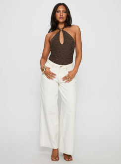 front view of model wearing Princess Polly Libbey Hardware Detail Textured Bodysuit Brown Sleeveless 