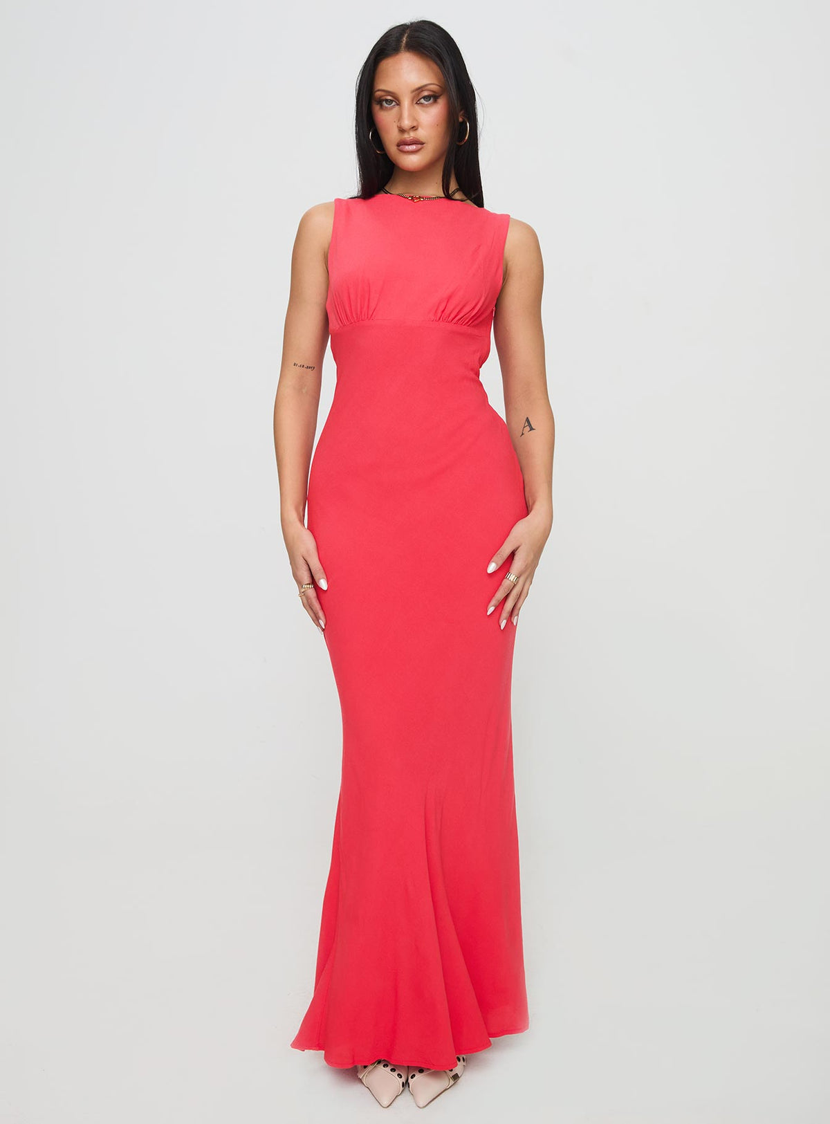 side view of model wearing Princess Polly Bourne Maxi Dress Red Crew Neck 