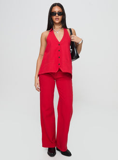 front view of model wearing Princess Polly Hills Halter Crimson Sleeveless V-Neck 