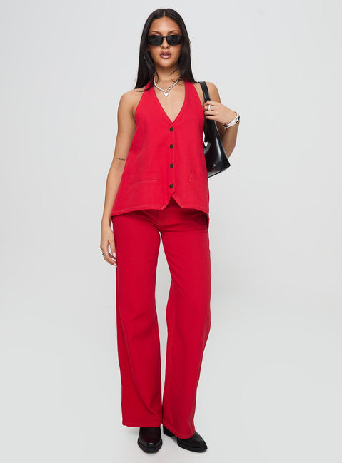 front view of model wearing Princess Polly Hills Halter Crimson Sleeveless V-Neck 