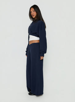 Designed with the Kaeya Fleece Wide Leg Low Rise Pants Navy in womens regular pants with low-rise side view of model wearing Princess Polly