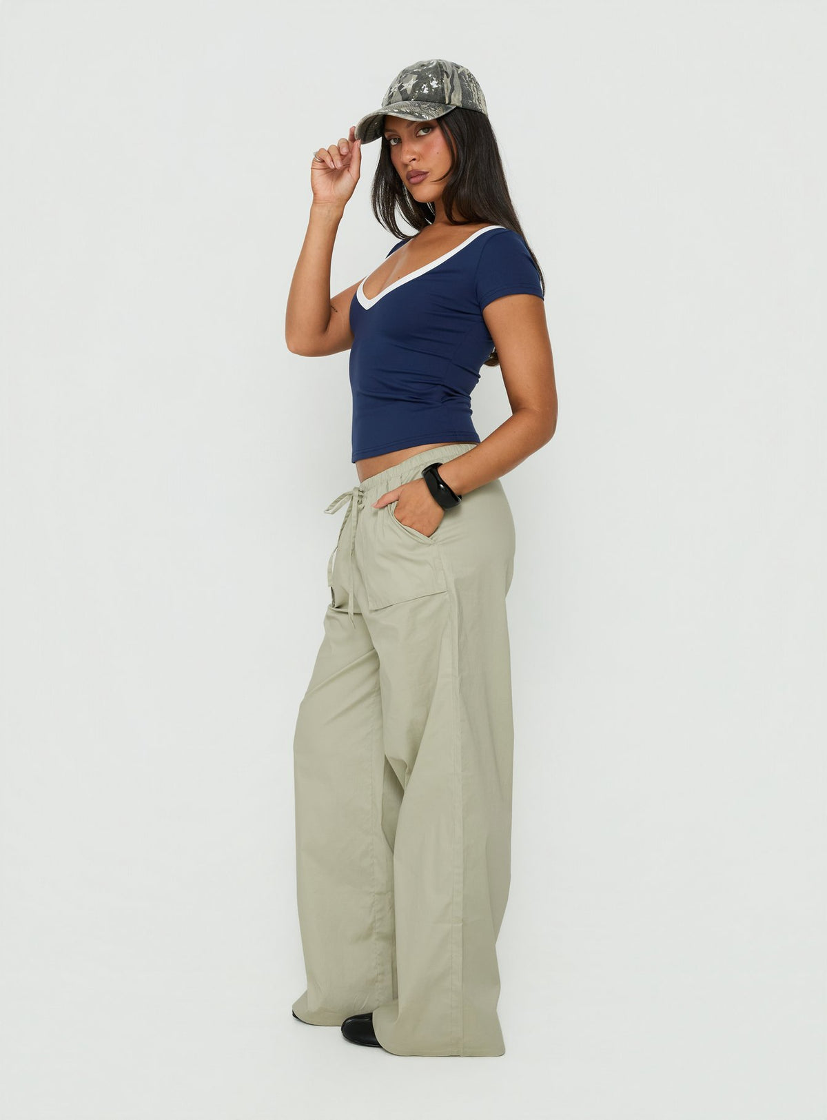 Crafted with Toren Drawstring Straight Leg Pants Stone womens-regular-pants and mid-rise side view of model wearing Princess Polly