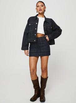   front view of model wearing Princess Polly Hughes Mini Skirt Dark Wash Denim Petite Mini Skirts 