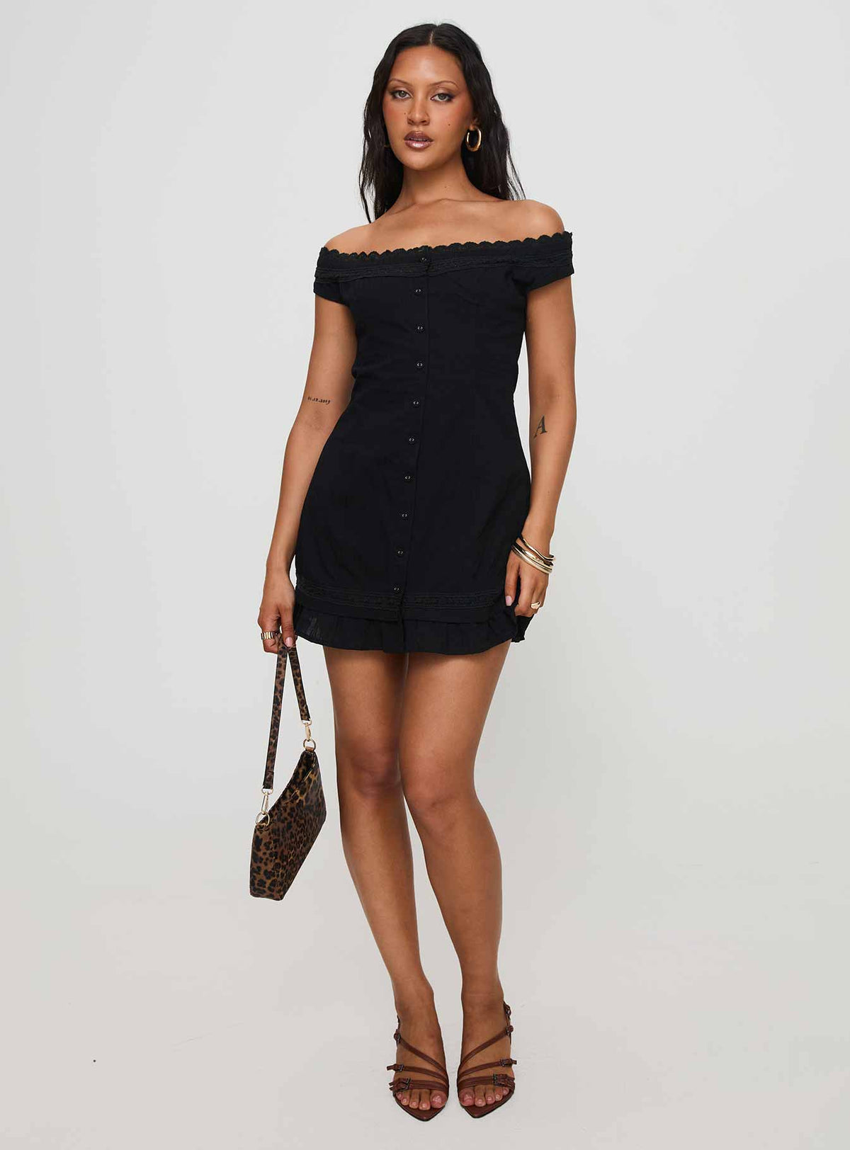 front view of model wearing Princess Polly Mirrorball Off The Shoulder Mini Dress Black Straight Neck 