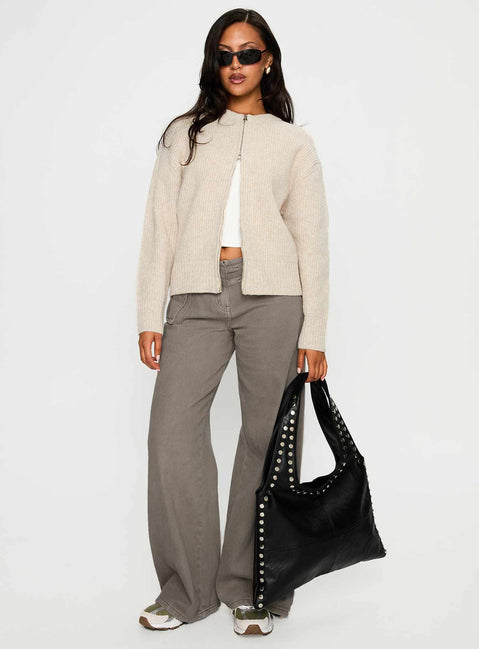 front view of model wearing Princess Polly Lexene Zip Through Jumper Oat Cropped Jumpers 