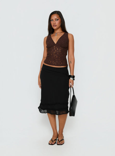   front view of model wearing Princess Polly Clarabella Frill Midi Skirt Black Midi Skirts 