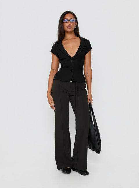 Discover the Belvia Layered Mid Rise Pants Slate Grey womens-regular-pants styled with belt and showcasing full-length wide-leg cut front view of model wearing Princess Polly
