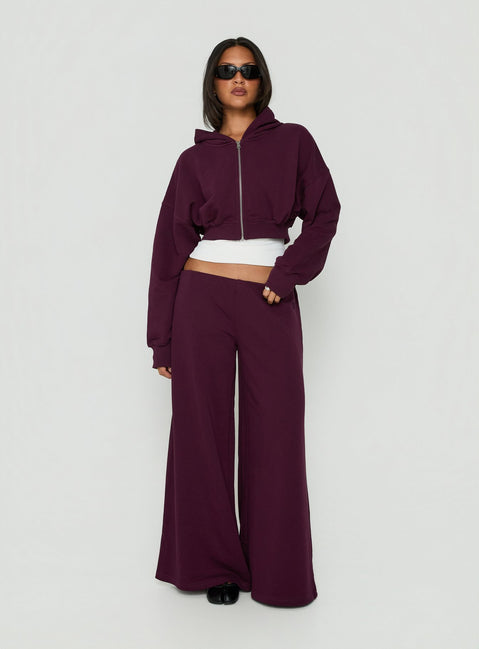 Crafted from plum fleece, the Lanna Zip Through Cropped Hoodie is a short womens jumper with oversized fit and hood detail, product Princess Polly