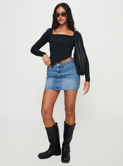 front view of model wearing Princess Polly Inca Long Sleeve Top Black Full Sleeves Square Neck 