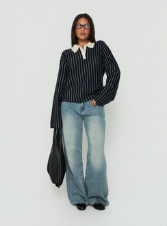 Designed with the Boarders V Neck Polo Jumper Navy Stripe womens-jumpers in short length with oversized fit detail view of model wearing Princess Polly