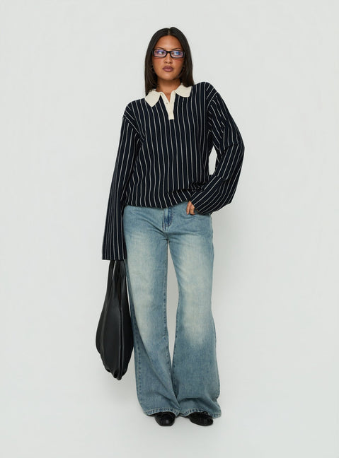 Designed with the Boarders V Neck Polo Jumper Navy Stripe womens-jumpers in short length with oversized fit detail view of model wearing Princess Polly