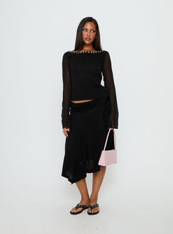   side view of model wearing Princess Polly Joaney Tie Side Jersey Midi Skirt Black Midi Skirts 