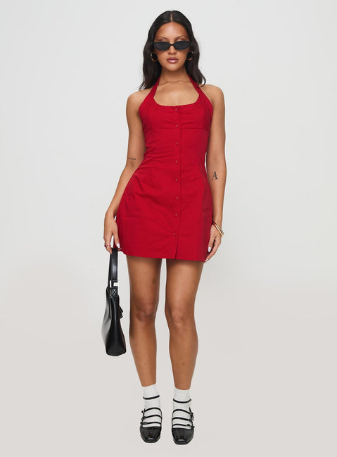 side view of model wearing Princess Polly Mallorie Halter Mini Dress Red Scoop Neck 